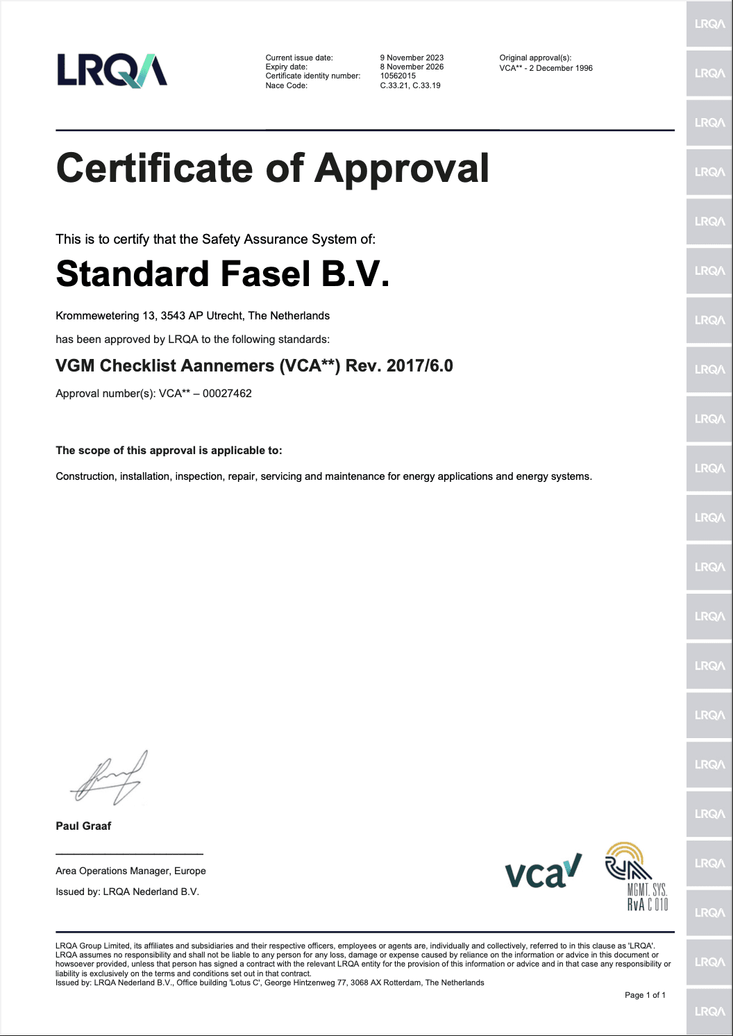 Vca certificate of approval standard fasel